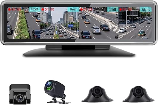 360  Dash Cam Panoramic Dashboard Car DVR 12 Inch Touch Screen 4 Channel FHD1080PIPS Video Recorder 4 Split Screen Display Dash Cam