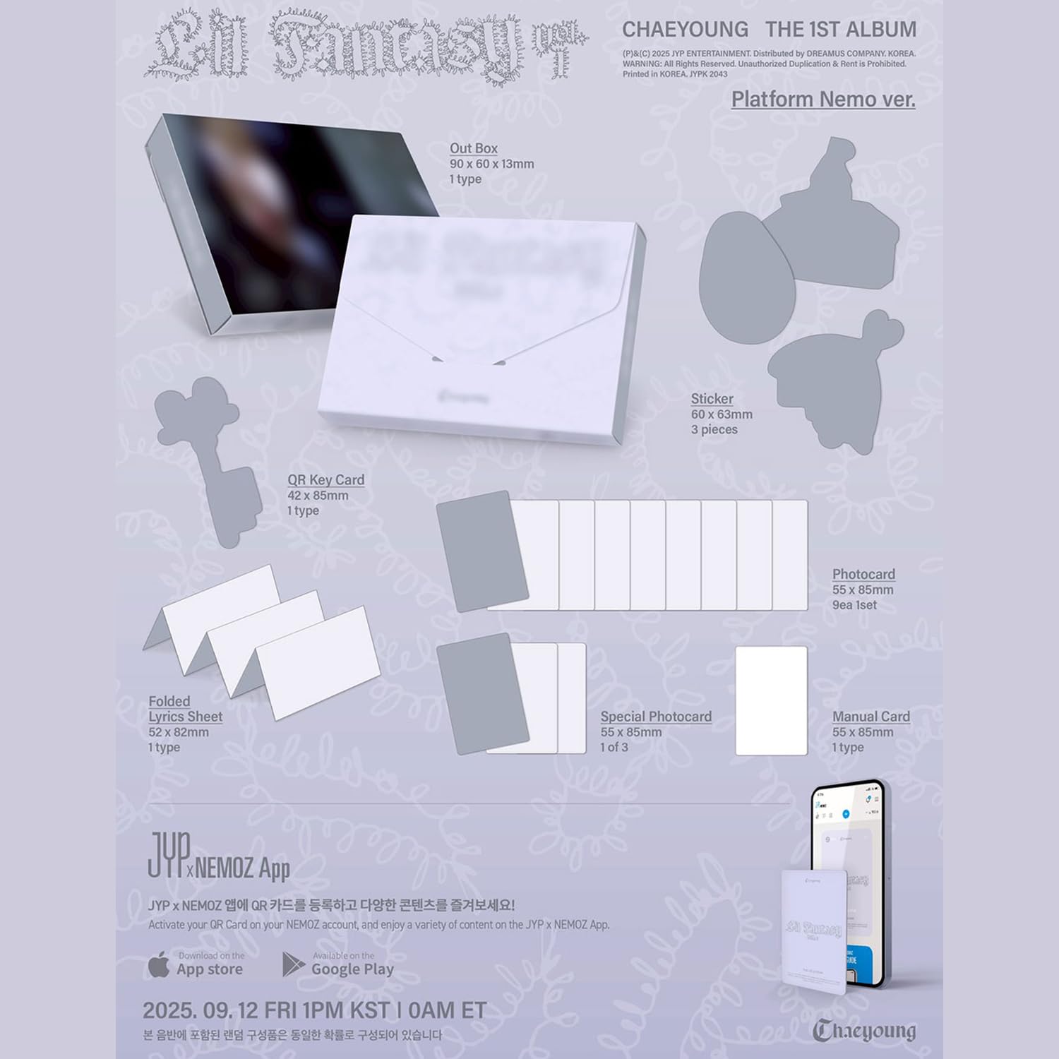 TWICE CHAEYOUNG - The 1st Album [LIL FANTAST vol.1] (Platform Nemo Ver.) Out Box + Sticker + QR Key Card + Folded Lyrics Sheet + Manual Card + Gift