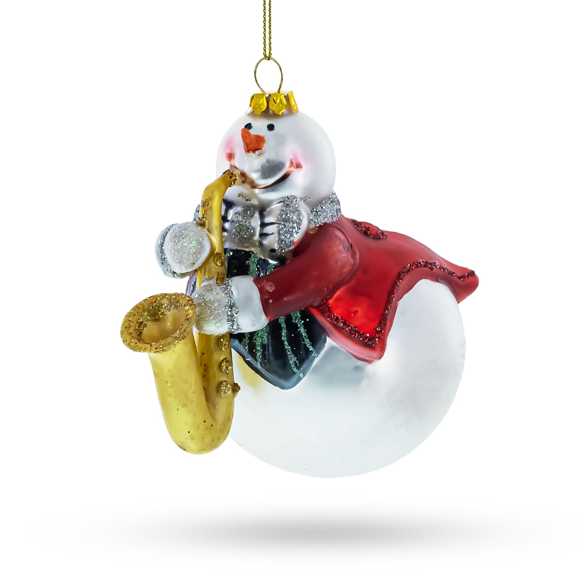 Bonhomme de neige au saxophone déco Noël verre sur le sapin