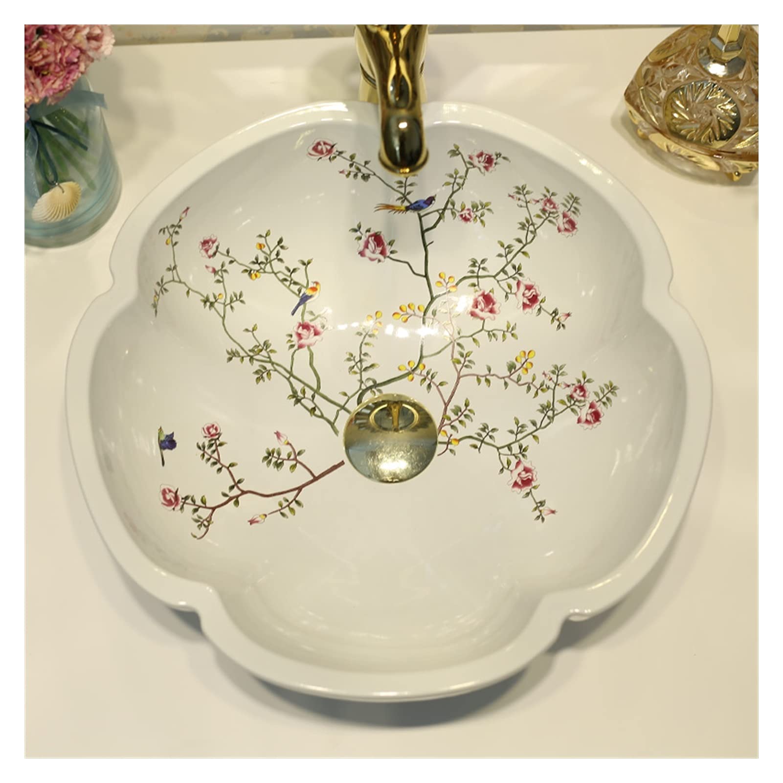 Gljtuo Bathroom Sink China Painting Flower And Bird Ceramic Painting Art Bathroom Vessel Sinks Round Countertop Wash Basin,1Sink Only Sink Basin