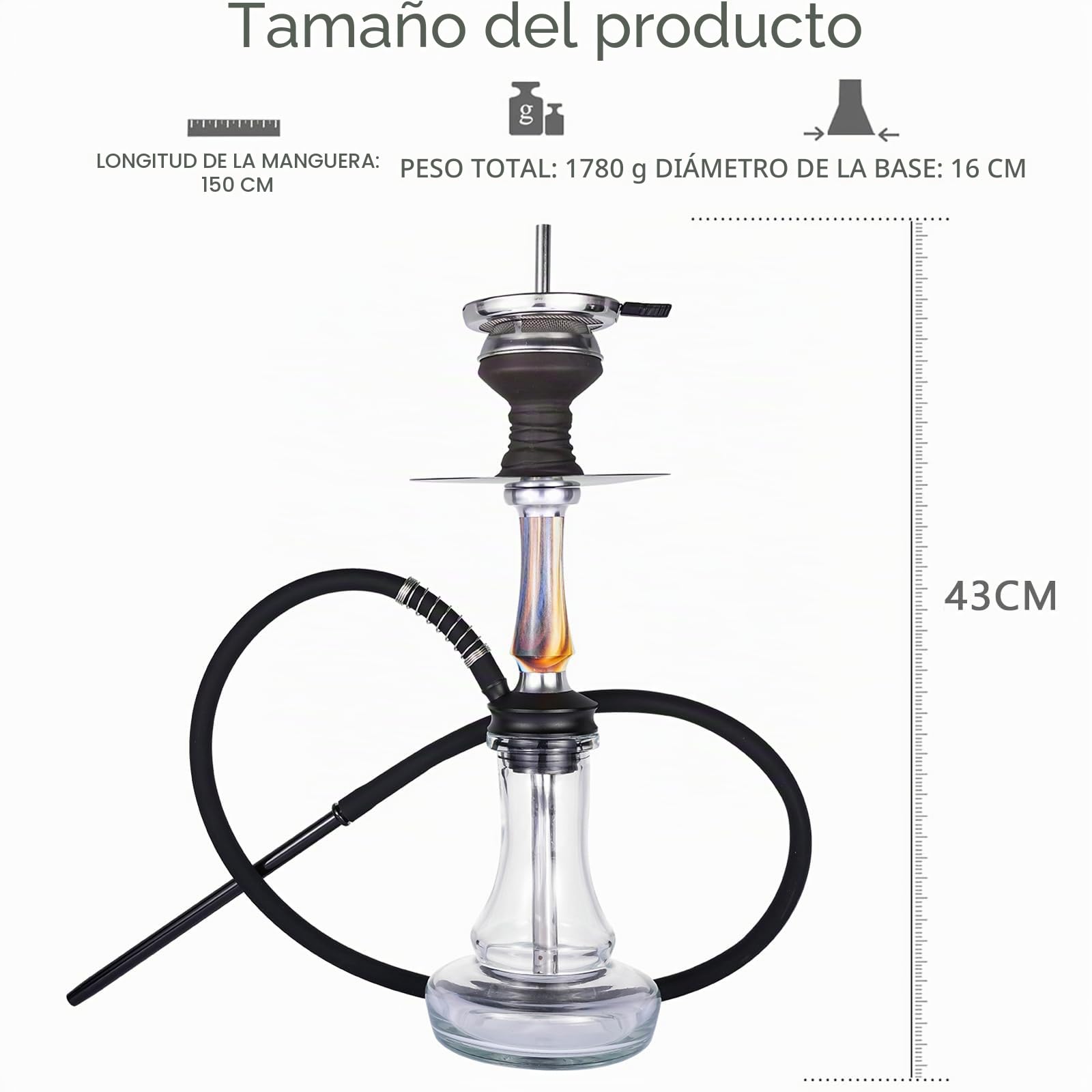 RMAN Cachimba Set 43 cm Shisha Completa | Con Manguera de Silicona Lavable, Shisha Glass, Incluye Boquilla, Incluye Pinza de Carbón, Incluye Cazoleta de Cristal