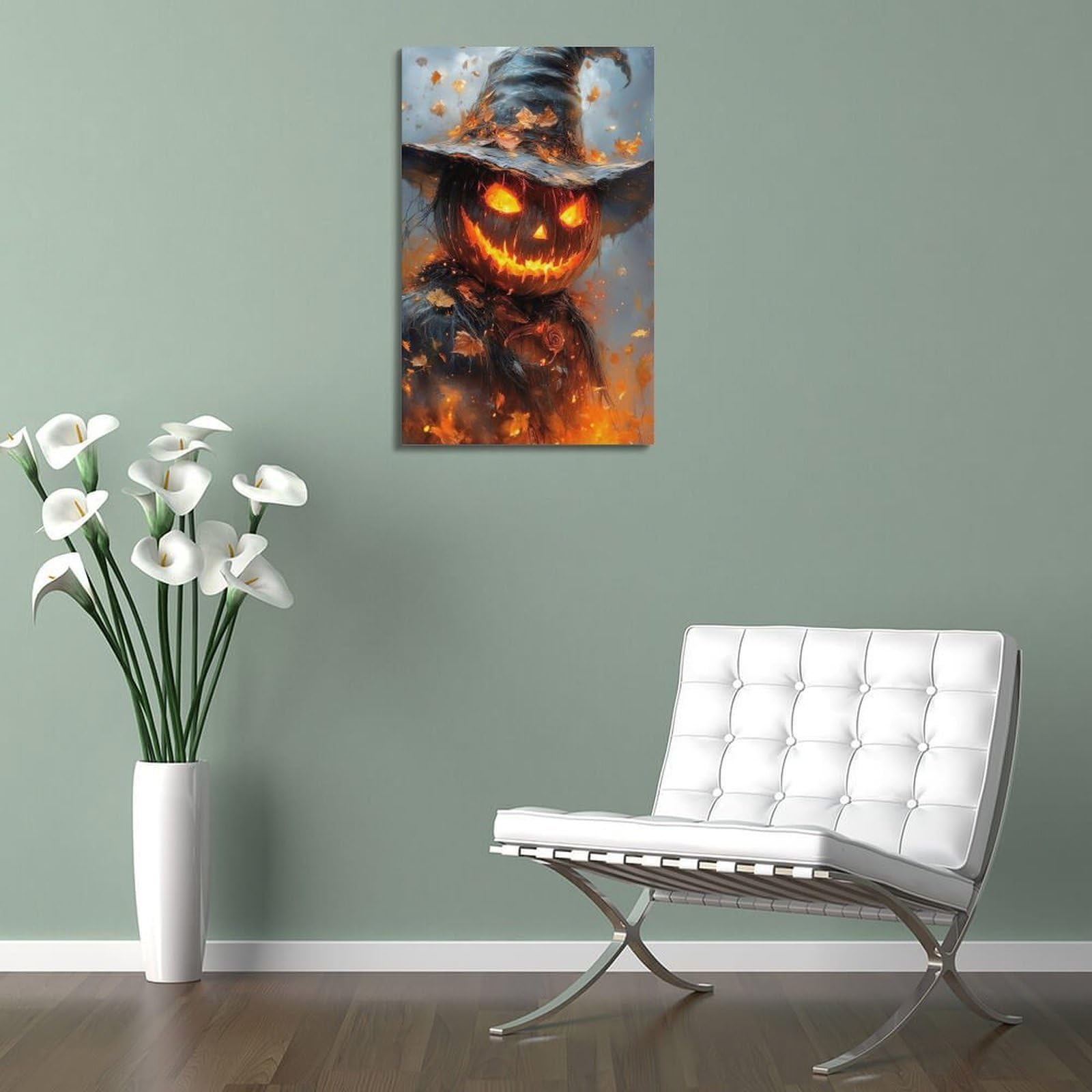 Poster su tela con stampa moderna per la casa, poster di Halloween con zucca e fiamma, immagine del mago con scritta "Is Cool And Has Festival Sense" (50 x 75 cm) con cornice