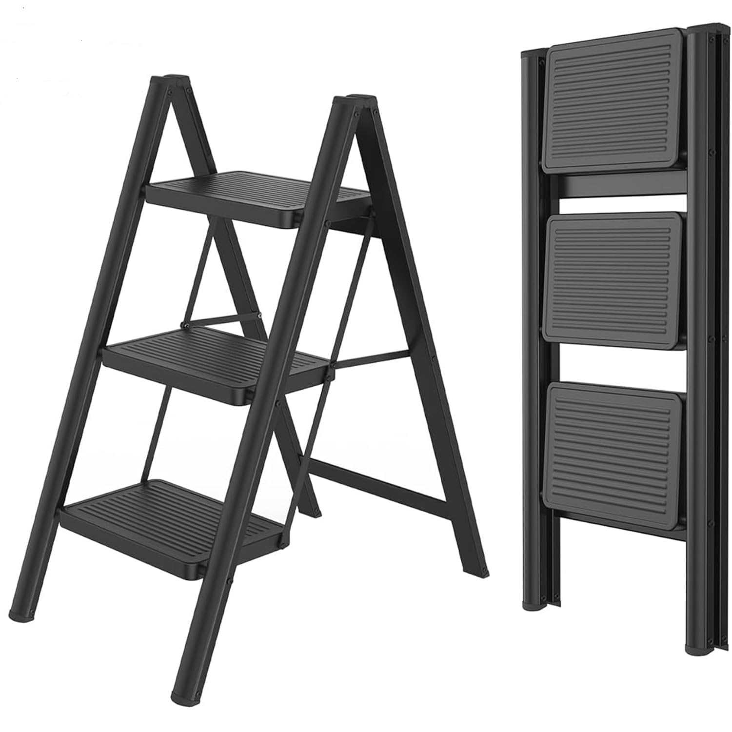 Tuffmate Black Folding Step Ladder, 3 Tread, Non-Slip Rubber Mats, Wide 45Cm Steps, 250Kg Load Capacity, Suitable For Home, Office, Garage,