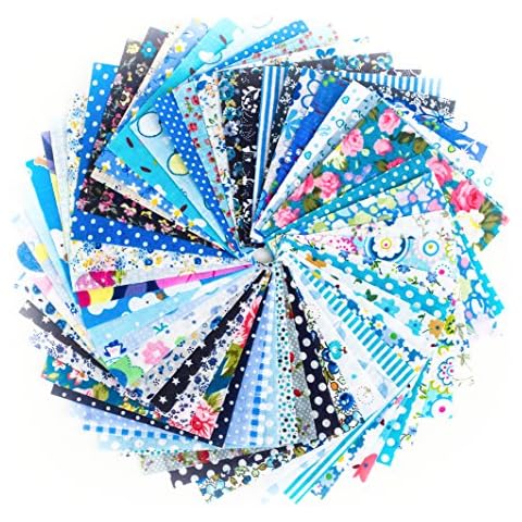 RayLineDo® 50pcs 10 * 10cm Different Pattern Patchwork Fabric Craft Printed Cotton Material Mixed Squares Bundle Quilting Scrapbooking Sewing Artcraft DIY Fabric Blue Series Cover