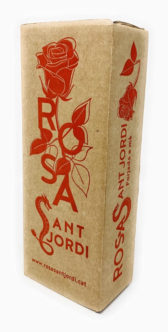 Rosa Sant Jordi de Hierro Forjado 22 cm con Base de Madera Grabada - Regalo Original Diada Sant Jordi