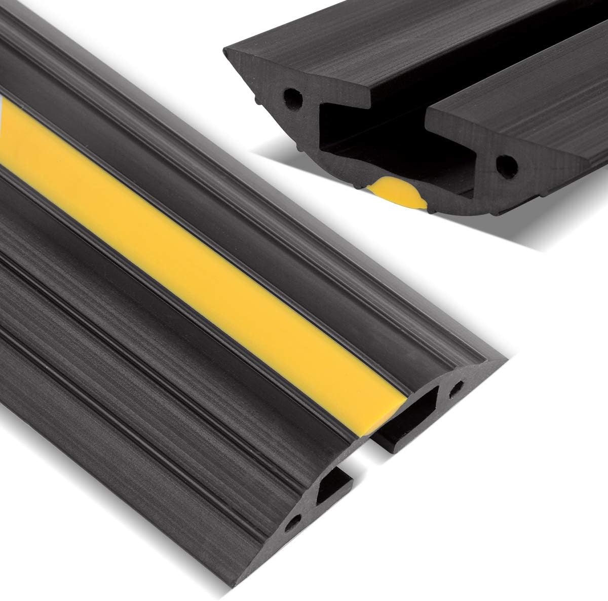 Stageek 6 Ft Flexible PVC Floor Cable Cover with Yellow Hazard Stripes and Large Channels, Black & Yellow