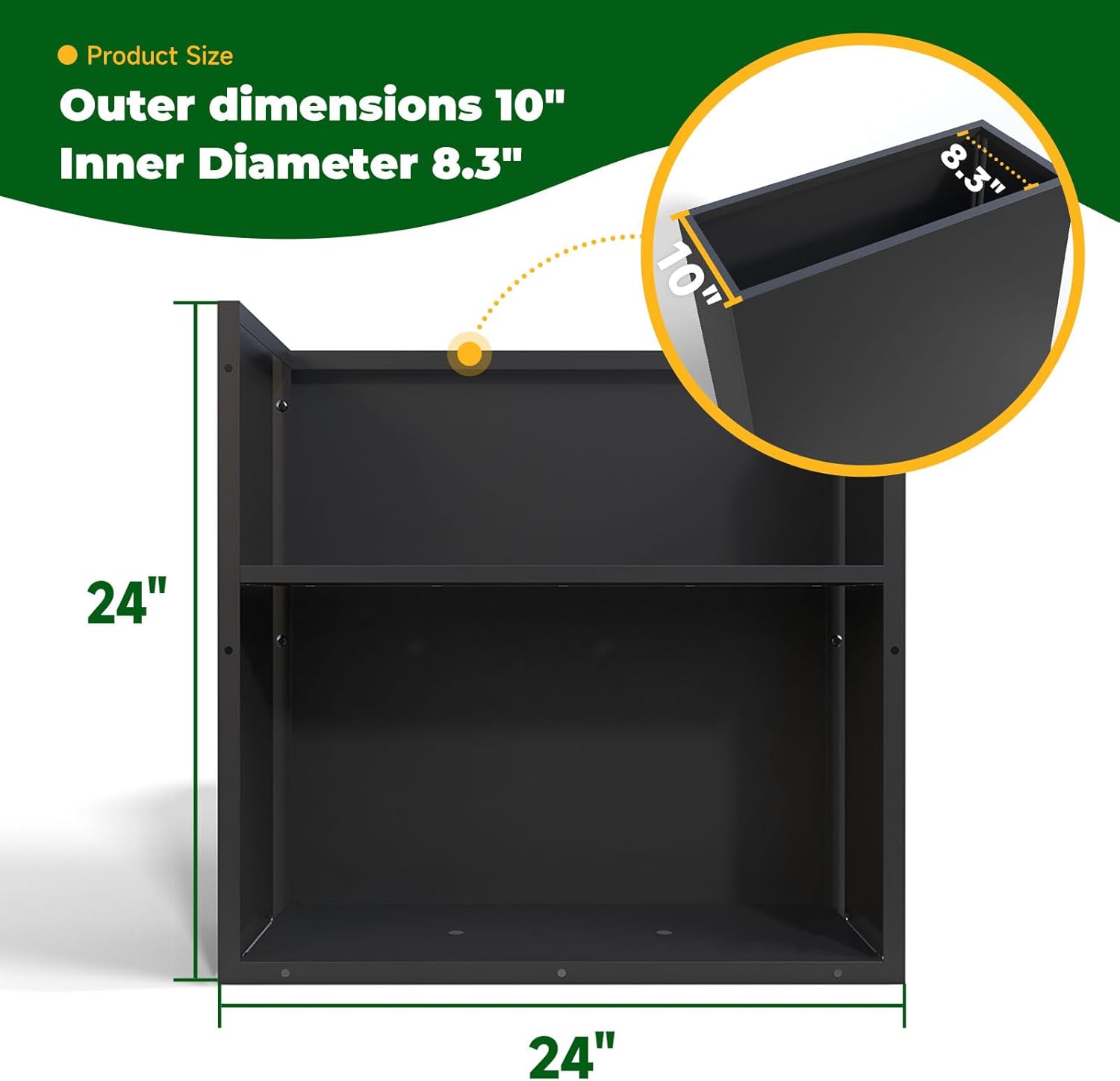 Metal Rectangular Planter Box 24" L x 10" W x 24" H Metal Planter Box All-Weather Use with Drainage Holes for Patio,Porch,Garden (Black, 24 * 10 * 24)
