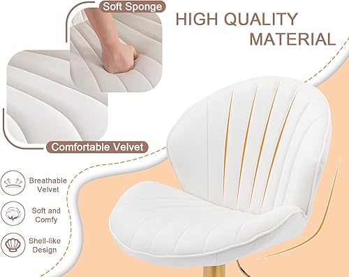 Miniatura 18 de Juego de 2 taburetes de bar giratorios modernos de terciopelo, de altura ajustable, sillas de bar con respaldo de concha, taburetes de isla de Cuero