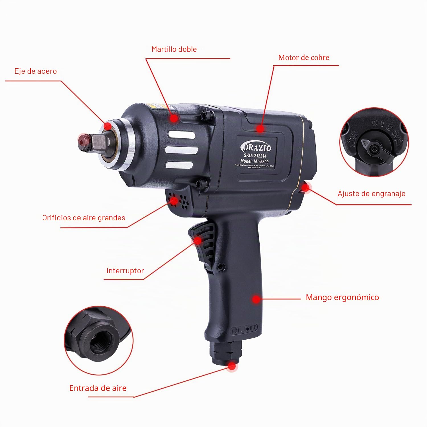 ORAZIO Juego de Llave de Impacto Neumática 1/2" 1200 N.M con 8 Vasos de 12-24 mm Profesional Pistola Impacto Neumatica para Garaje Coche Camión de Pernos Rueda Instalación Extracción