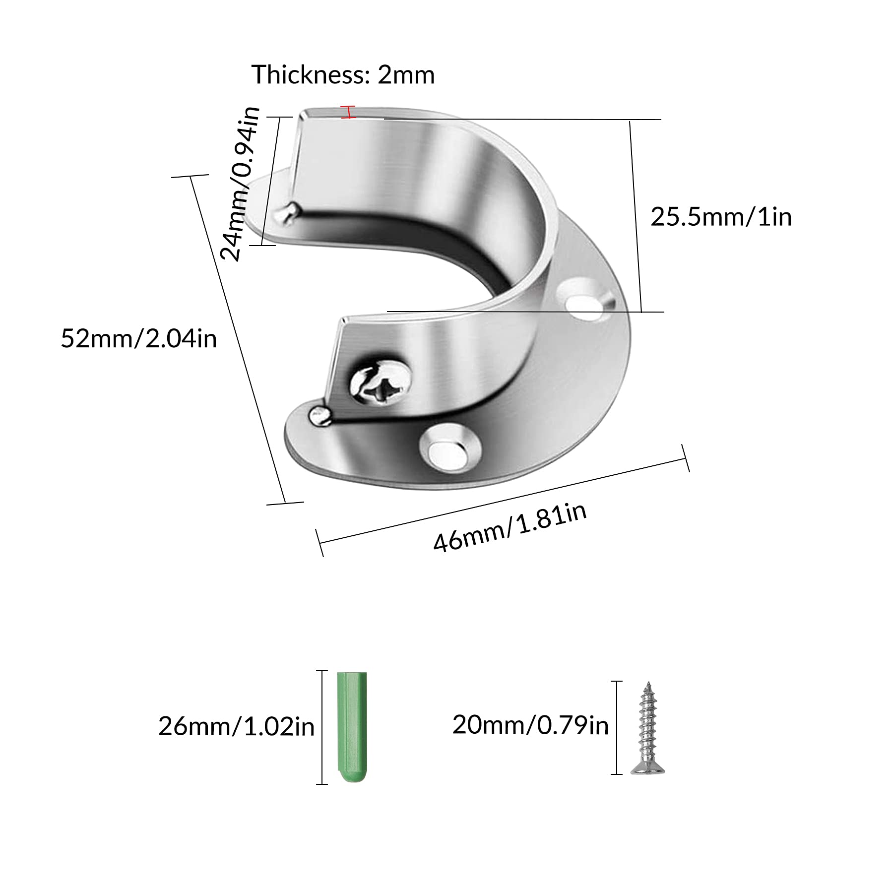 Rundrohr Halterung 6 Stück Stangenhalterung,Kleiderstangenhalter U-Form Gardinenstange Halter 25mm Edelstahl Kleiderschrank Stangenhalter für Garderobenstangen Duschvorhangstange