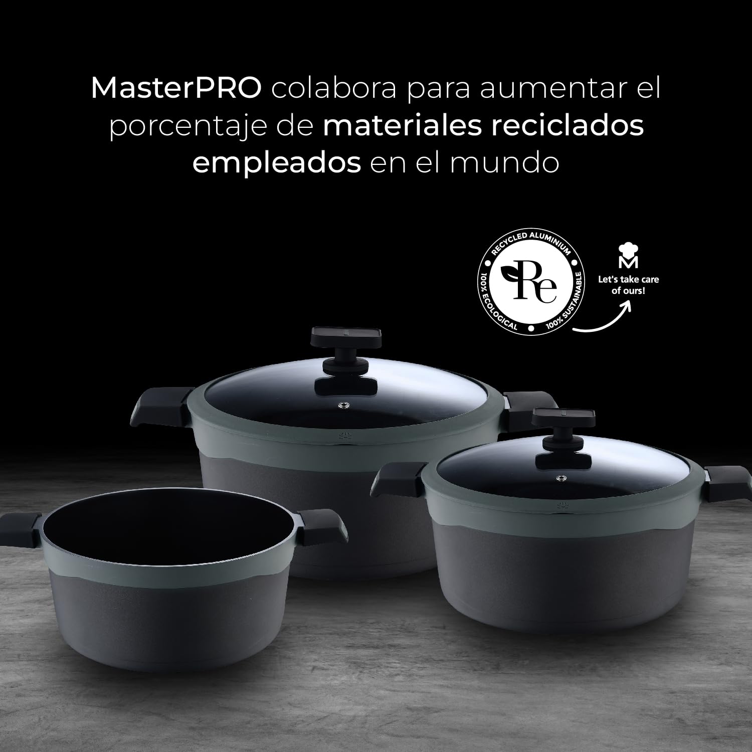 MasterPRO Gastro Reeco | Cazo de 16 cm y 8 cm de Altura con Tapa | Indicador Temperatura | Aluminio Fundido Reciclado | Revestimiento Antiadherente | Mango Soft Touch | Para Todo Tipo de Cocinas