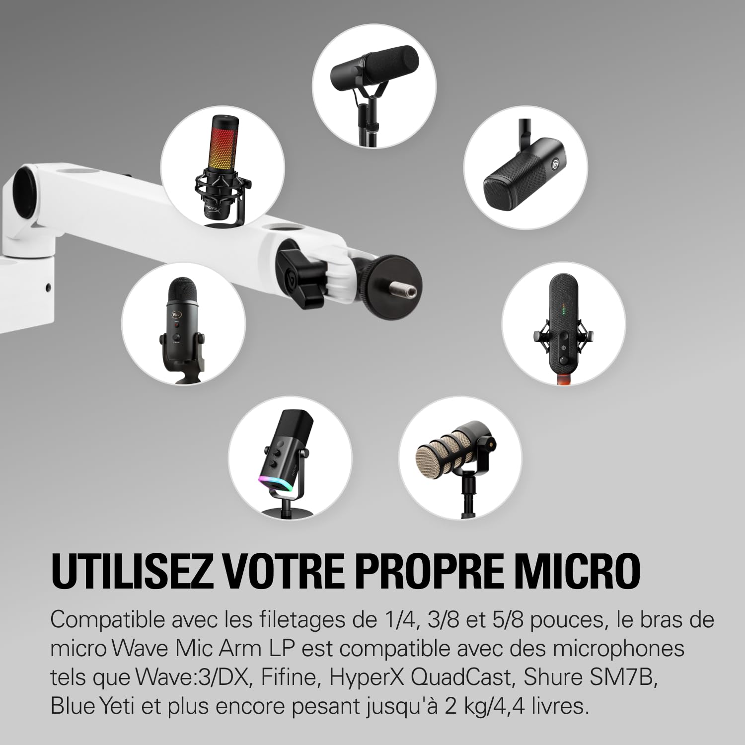 Elgato Wave Mic Arm Low Profile White, Perche de micro | Compacte, pince de bureau, fixation polyvalente, entièrement réglable, podcasts, streaming, jeux, télétravail