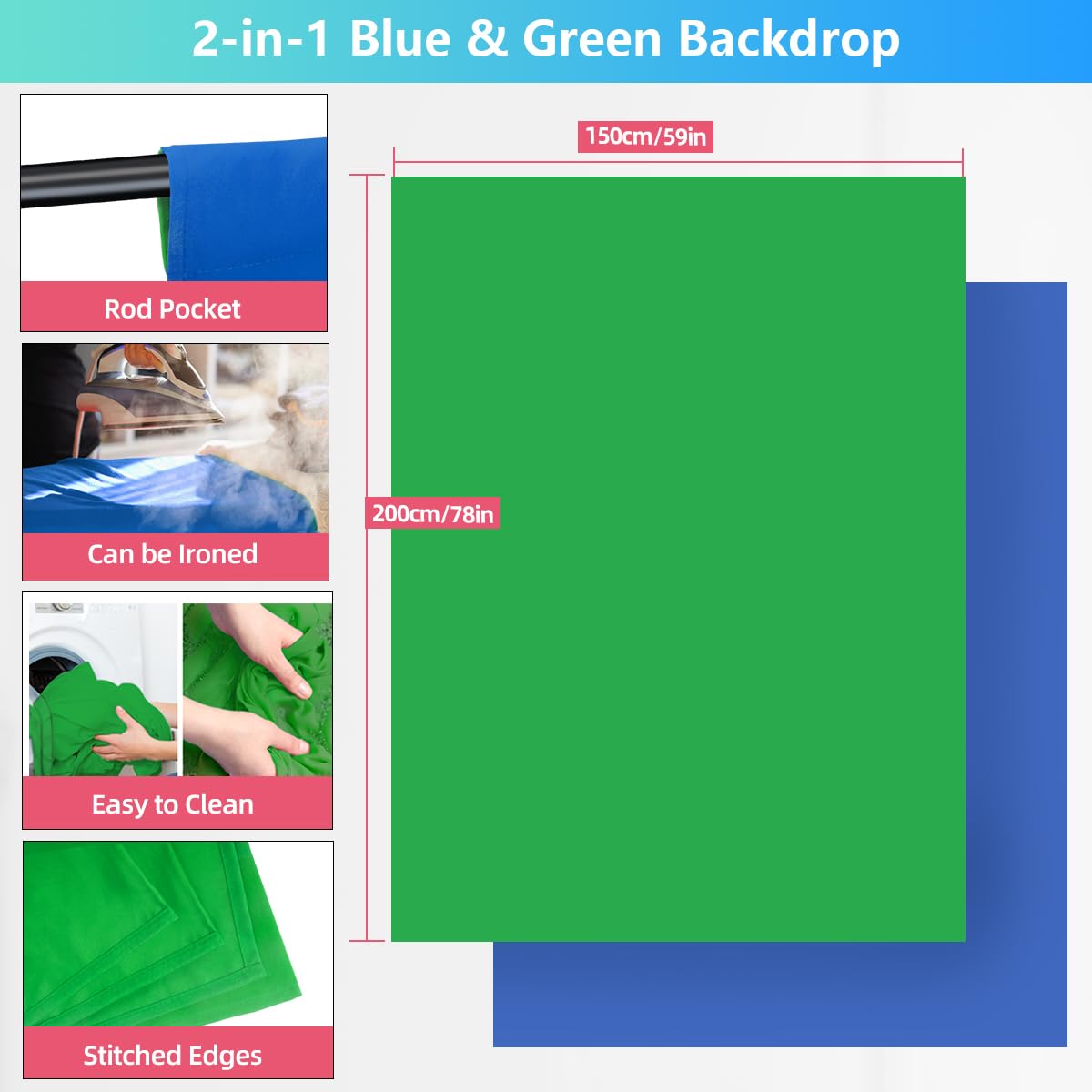 Fond vert et bleu avec support de 1,5 x 2 m