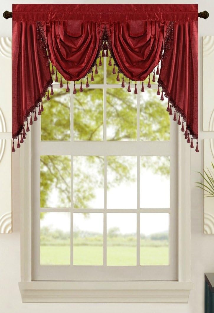 All American Collection New Attached Solid Faux Silk Double Waterfall Valance with Tails (55" x 32", Burgundy Valance)