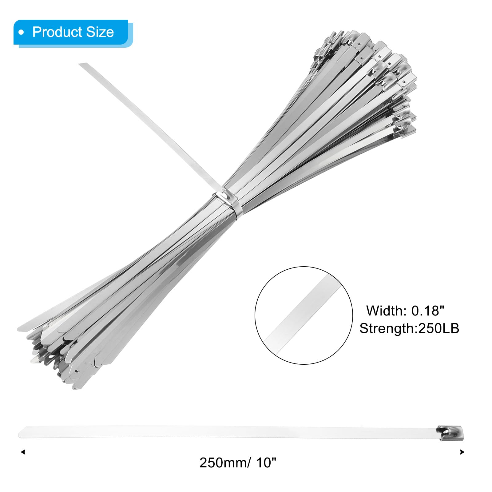 PATIKIL Metal Zip Ties 100 Pcs, 10 Inch Heavy Duty 304 Stainless Steel Self-Locking Cable Ties - Image 2