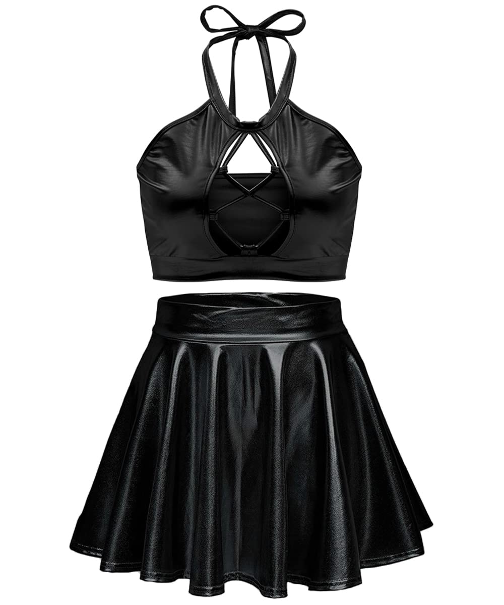 Sfbbcloz Womens Wet Look Piece Outfits Shiny Metallic Crop