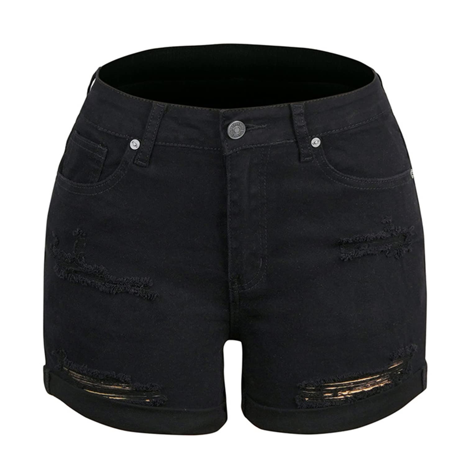 LAEMILIAWomen's Ripped Denim Shorts Summer Mid Rise Folded Hem Button Fly Jeans Shorts