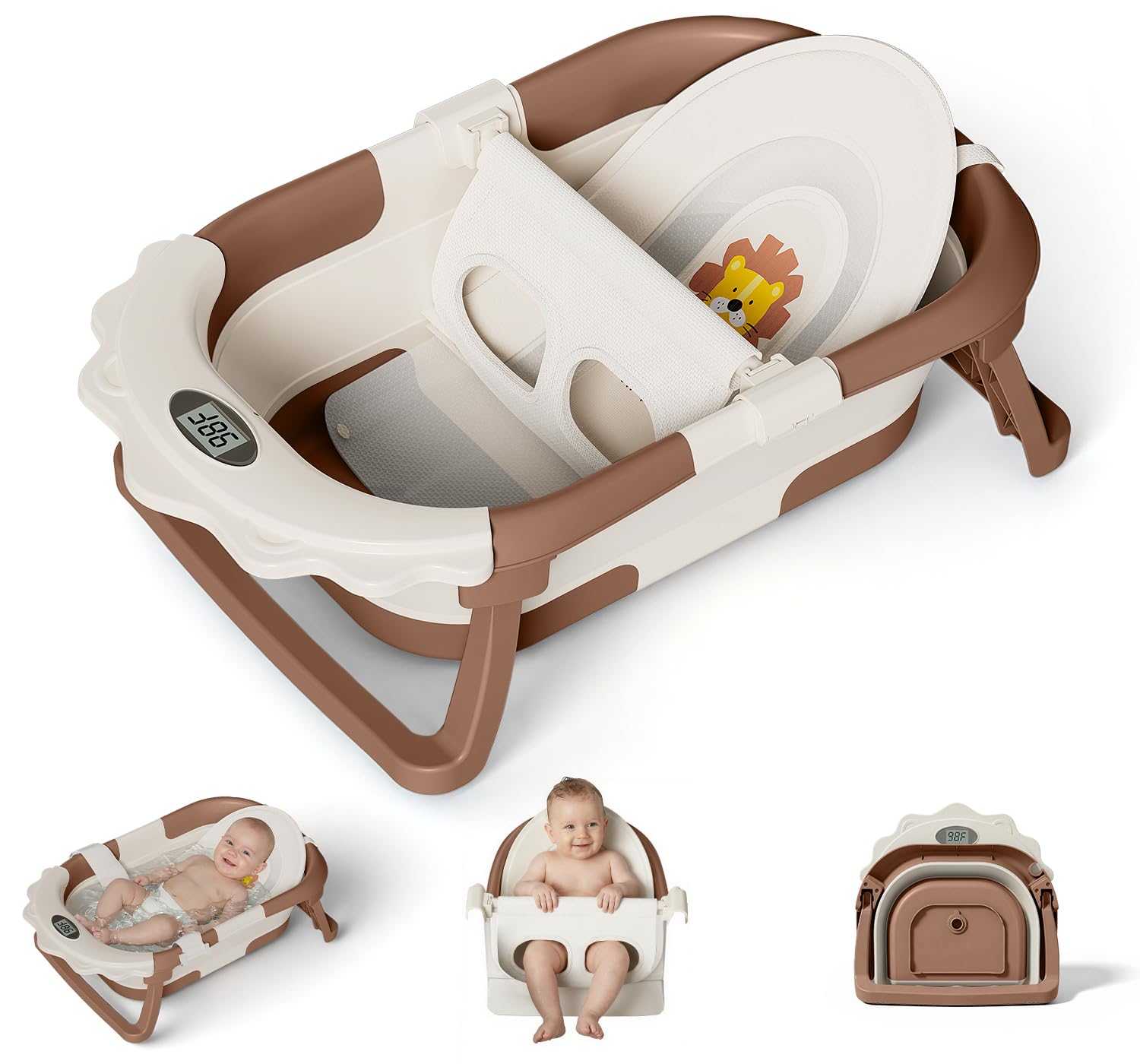 MoreFeel Foldable Baby Bathtub with Thermometer - 4-in-1 Grow-with-Me Collapsible Infant Tub Newborn to Toddler with Adjustable Mesh