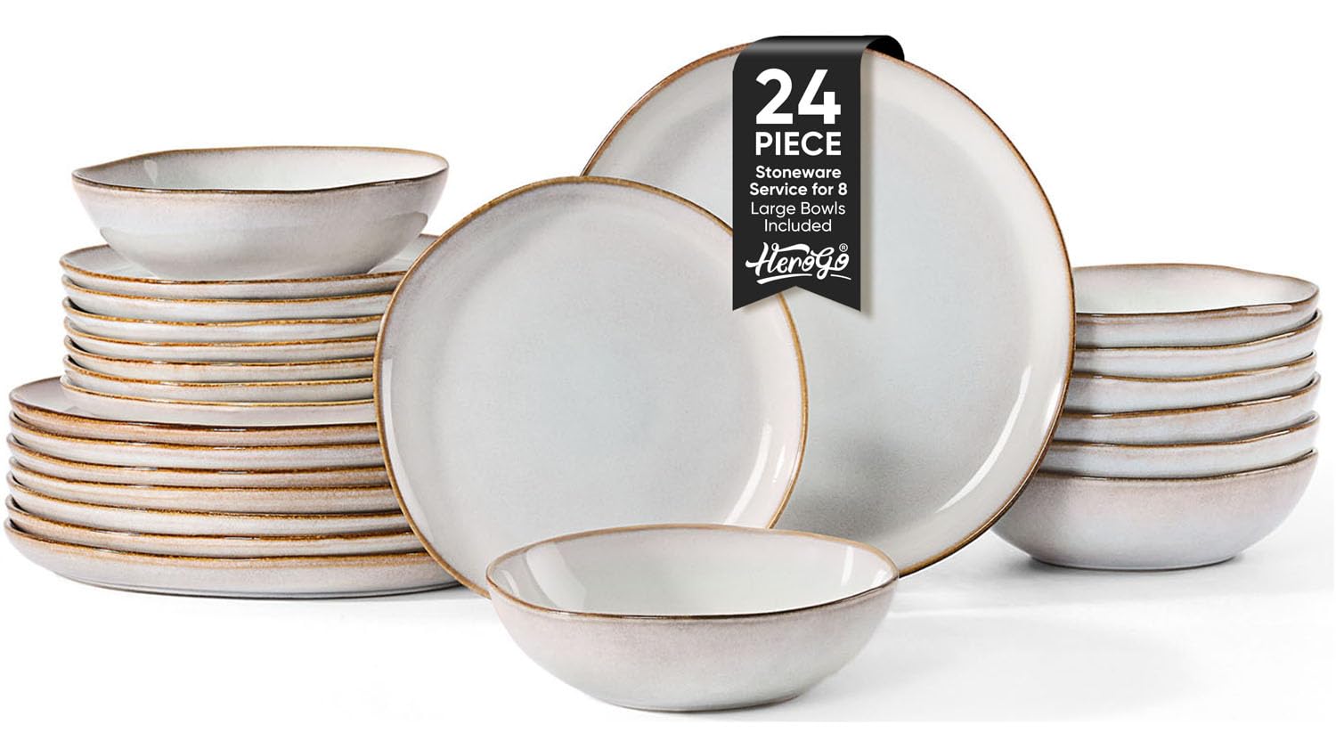 Herogo 24Pcs Plates and Bowls Dinner Set, Stoneware Dinnerware Dishes Sets for 8, Ceramic Dishware Tableware Includes Dinner Salad Plates, Soup Bowls,