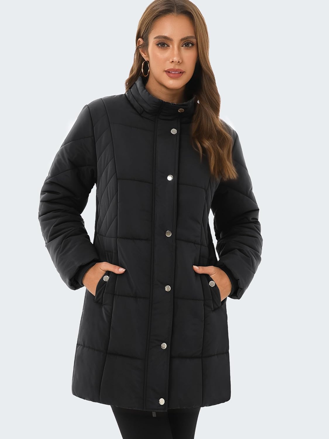 Funlingo Womens Winter Warm Coat Thickened Hooded Long Puffer Down Jacket Casual Quilted Padding Windproof Outerwear Black 2XL - Image 4