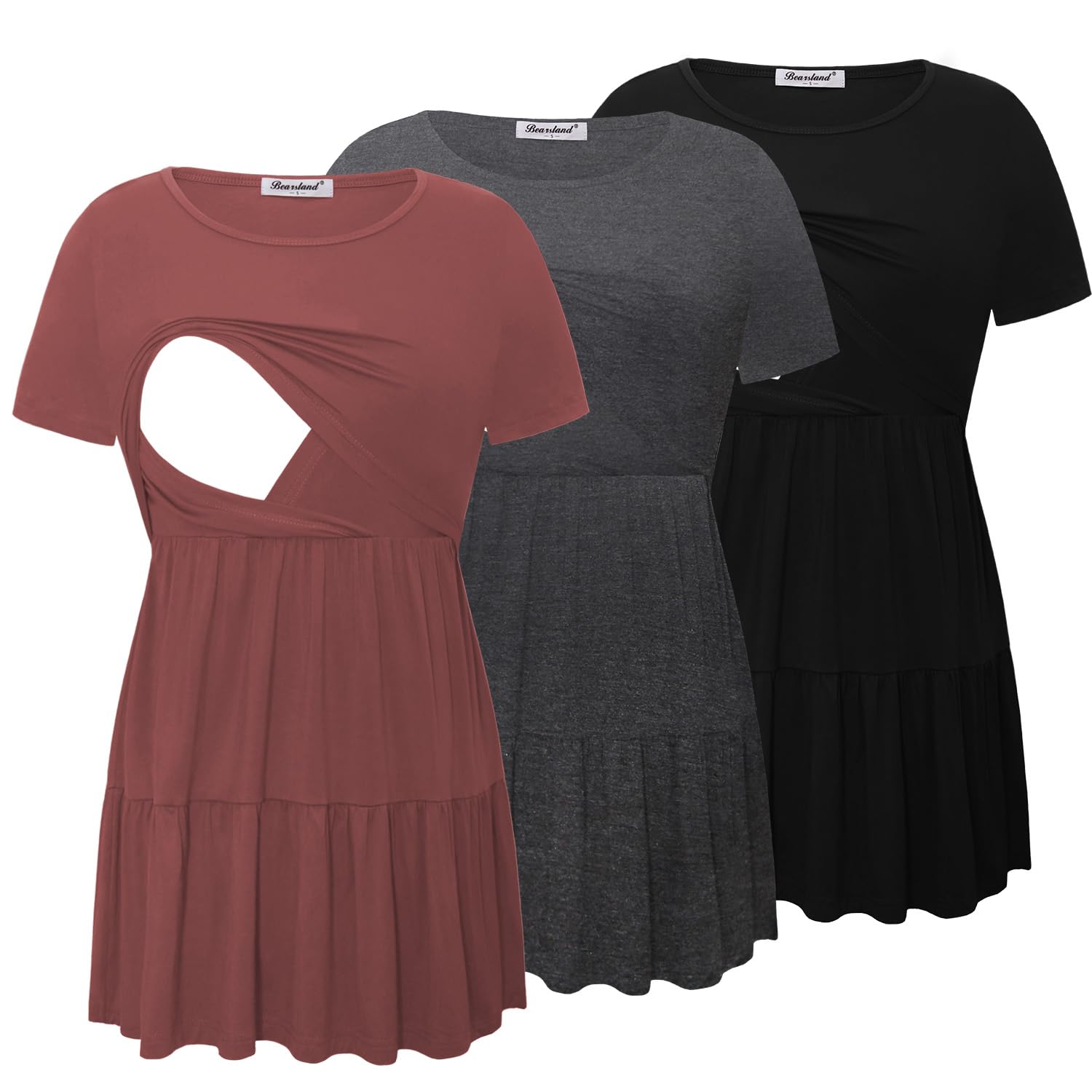 Bearsland Women’s Nursing Top 3pack Short Sleeve Scoop Neck Nursing Shirt Breastfeeding Shirts