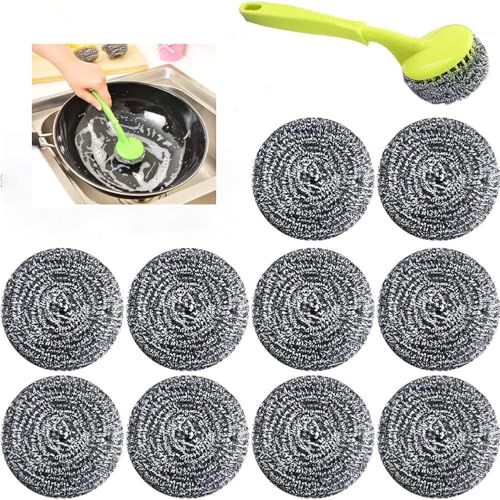 Stainless Steel Scrubber Set 10 Steel Wool Balls with Long Plastic Handle for Heavy-Duty Cleaning Ideal for Pots Pans Grills and Kitchen Items
