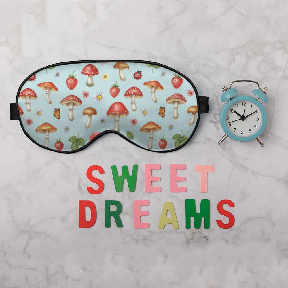 Antifaz de seda con diseño de hongos, para dormir, flores de verano, fresa, mariposa, bayas, máscara de ojos con correa ajustable, ligera para mujeres, trabajo, viajes, noche de sueño