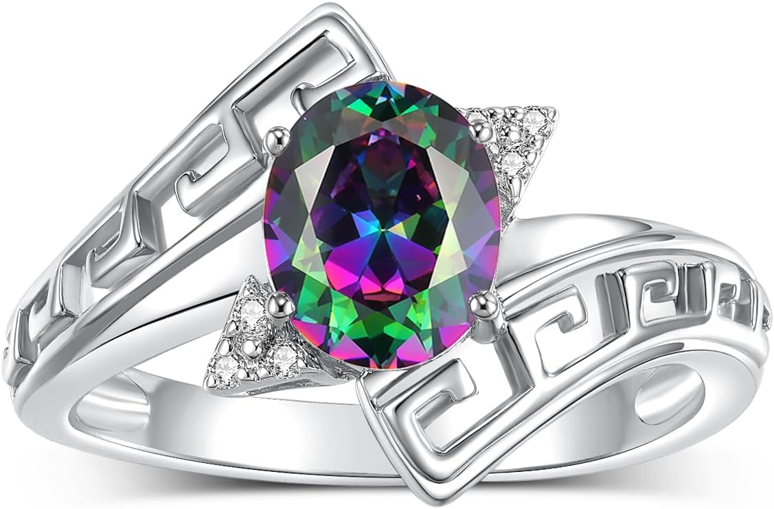 Rylos Greek Key Designer Ring with 9X7MM Gemstone & Diamond Accent – Chic Jewelry for Women and in Sterling Silver – Available in Sizes 5-10