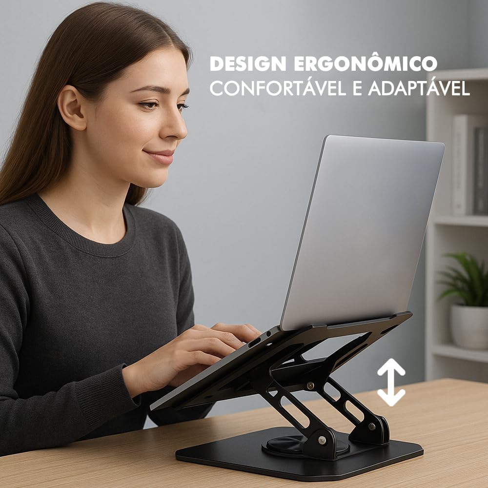 Suporte para Notebook de até 17” em Aço Carbono, Ajustável, Dobrável, Base Giratória 360° e Ventilação, Ergonômico e Portátil para Home Office e escritório, também para tablets e celulares