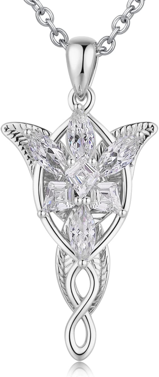 JiayangJY 18K White Gold Plated Arwen Evenstar Necklace, Lord of The Ring Hobbit Pendant Necklace with 5A Cubic Zirconia Elvish Jewelry