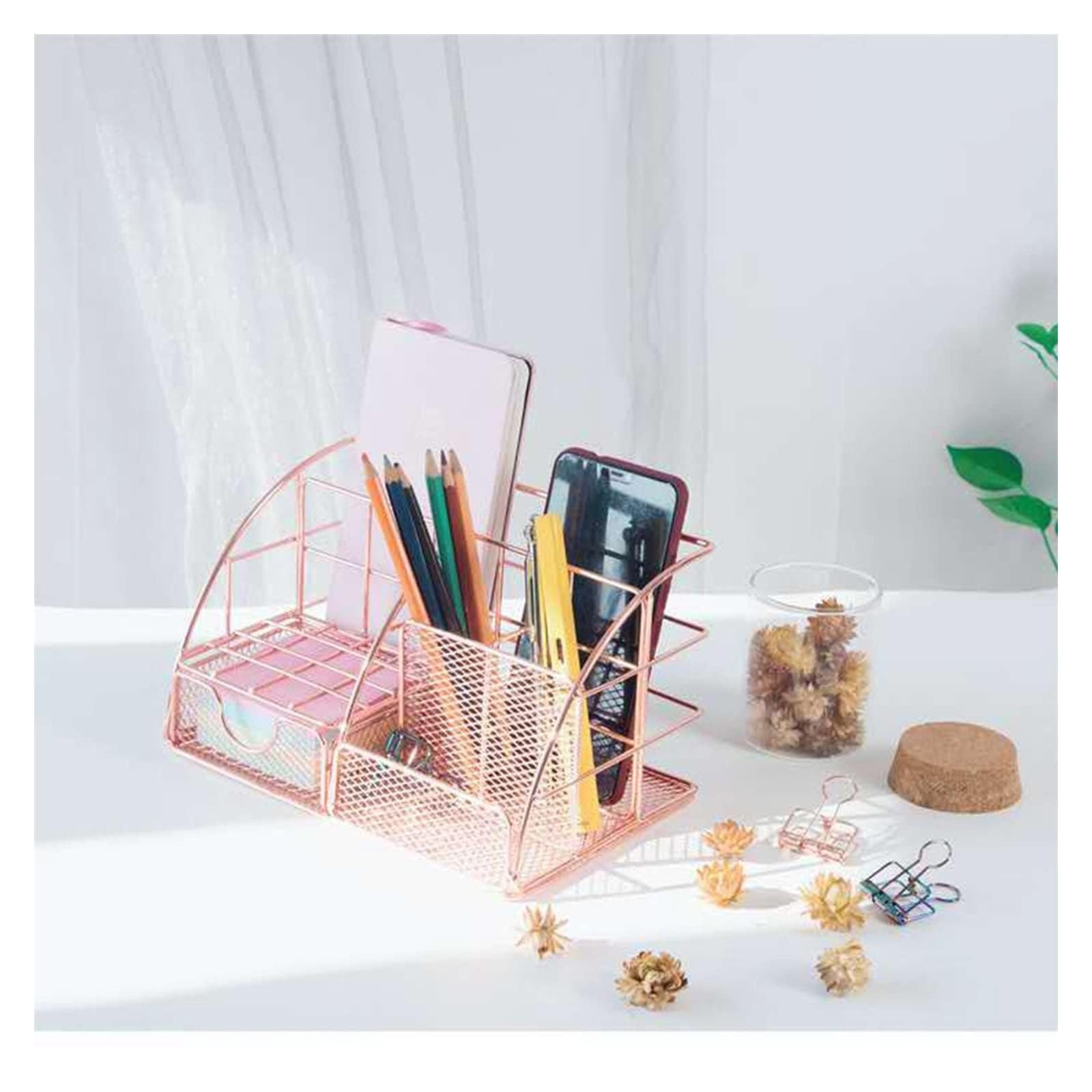 Portapenne da Scrivania con Cassetto, Elegante Organizer in Rete Metallica per Ufficio Domestico, Trucco - Accessori per Ufficio Portapenne,Black