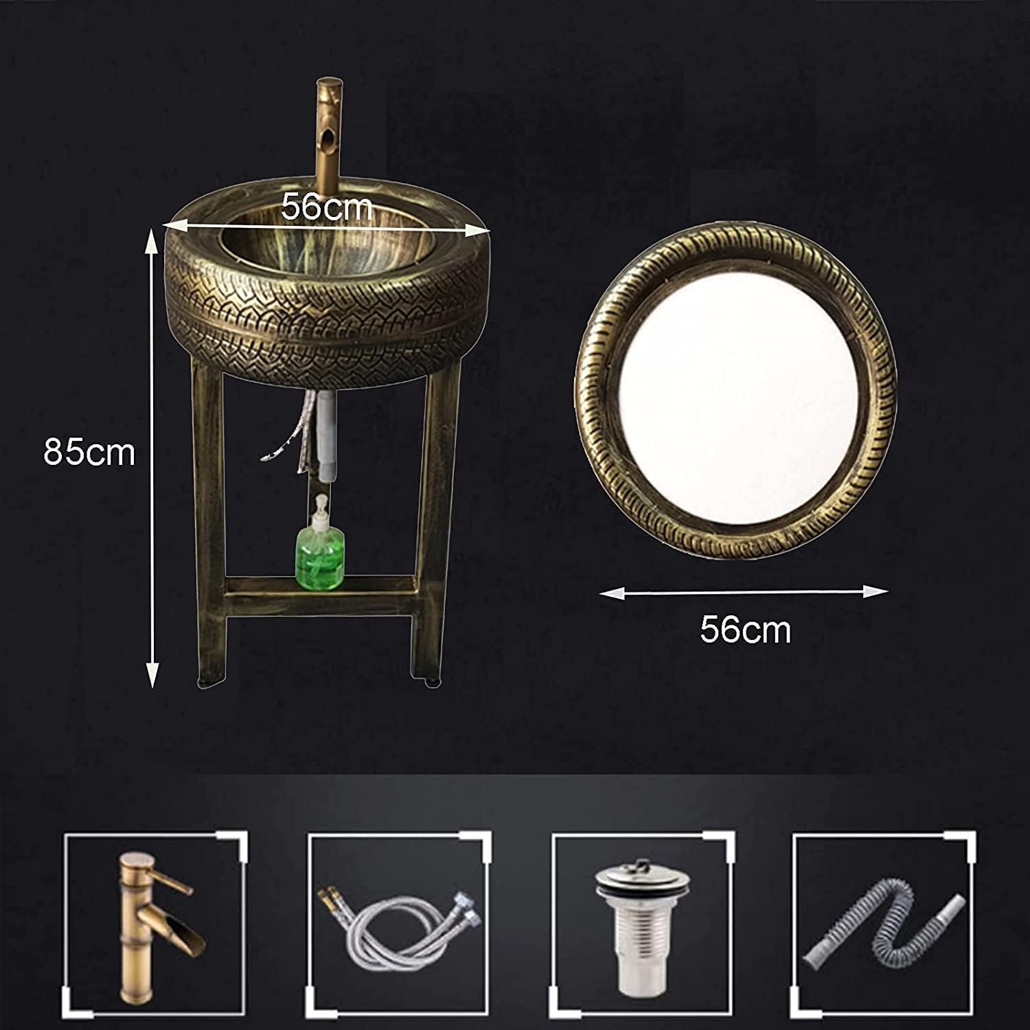 Freestanding Pedestal Sink Hotel Art Basin, Free Standing Vanity Basin Bathroom Unit Floorstanding Gloss Full Cabinet, 22 x 33.4in (Color : A:Bronze, Si (B:Black with Mirror)