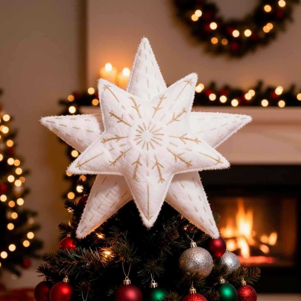 Felt Star Christmas Tree Topper 8.7" x 8.7" (22 x 22 cm) – Soft White Tree Top Star Decoration, Lightweight Scandinavian Farmhouse Holiday Decor, Cozy Felt Christmas Tree Topper