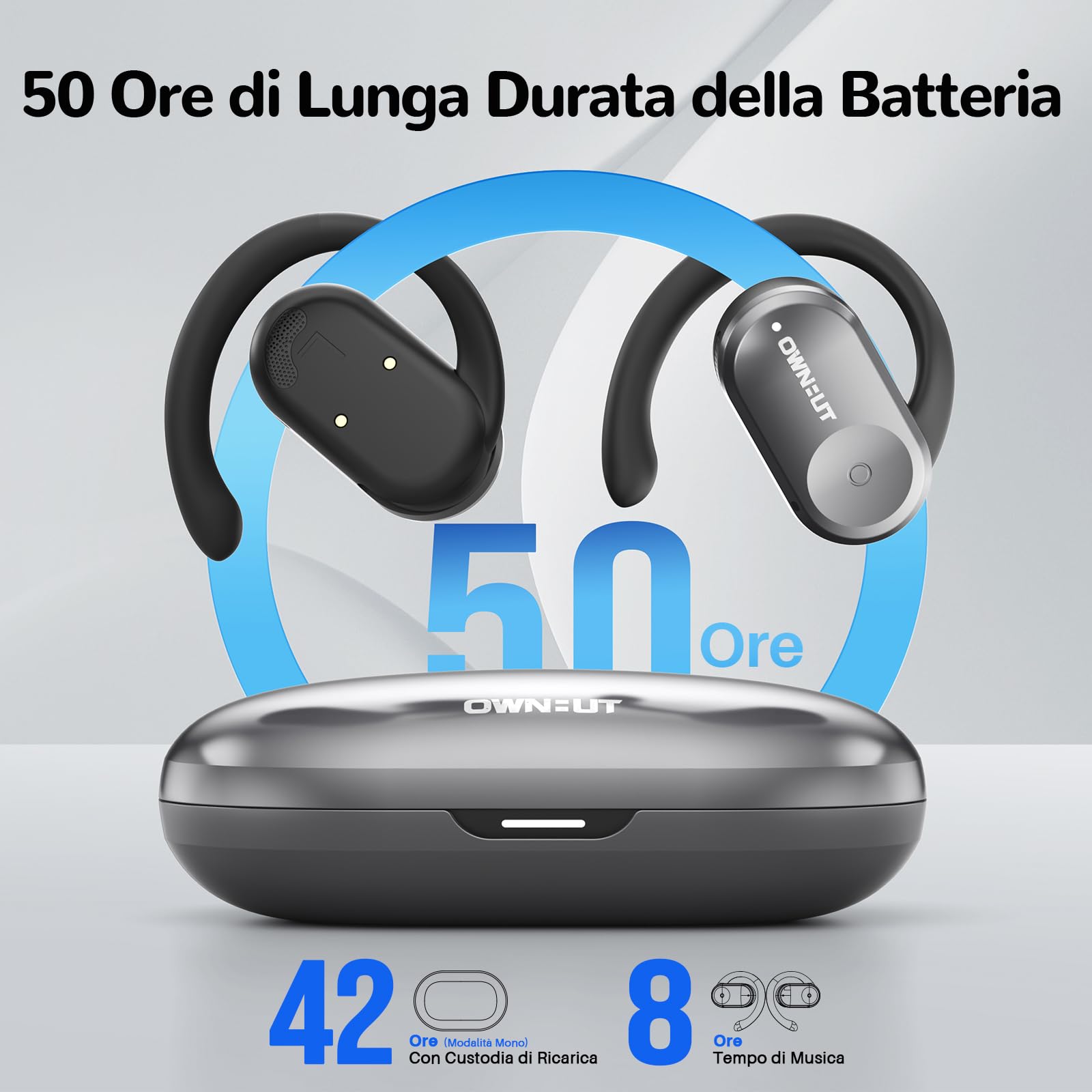 Open Ear - Cuffie Bluetooth 5.3, controllo touch senza fili, per sport, senza fili, con bassi aperti, 50 ore di autonomia, compagni in ufficio, tempo libero e sport