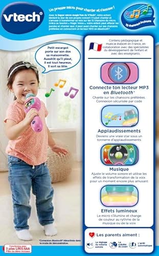 VTech - Super Micro Magic'Fun Rose, Microphone Karaoké Enfant sans Fil, Micro Bluetooth Lumineux Qui Modifie la Voix et Change de Couleur, Jouet Musical, Cadeau Enfant Dès 2 Ans - Contenu en Français
