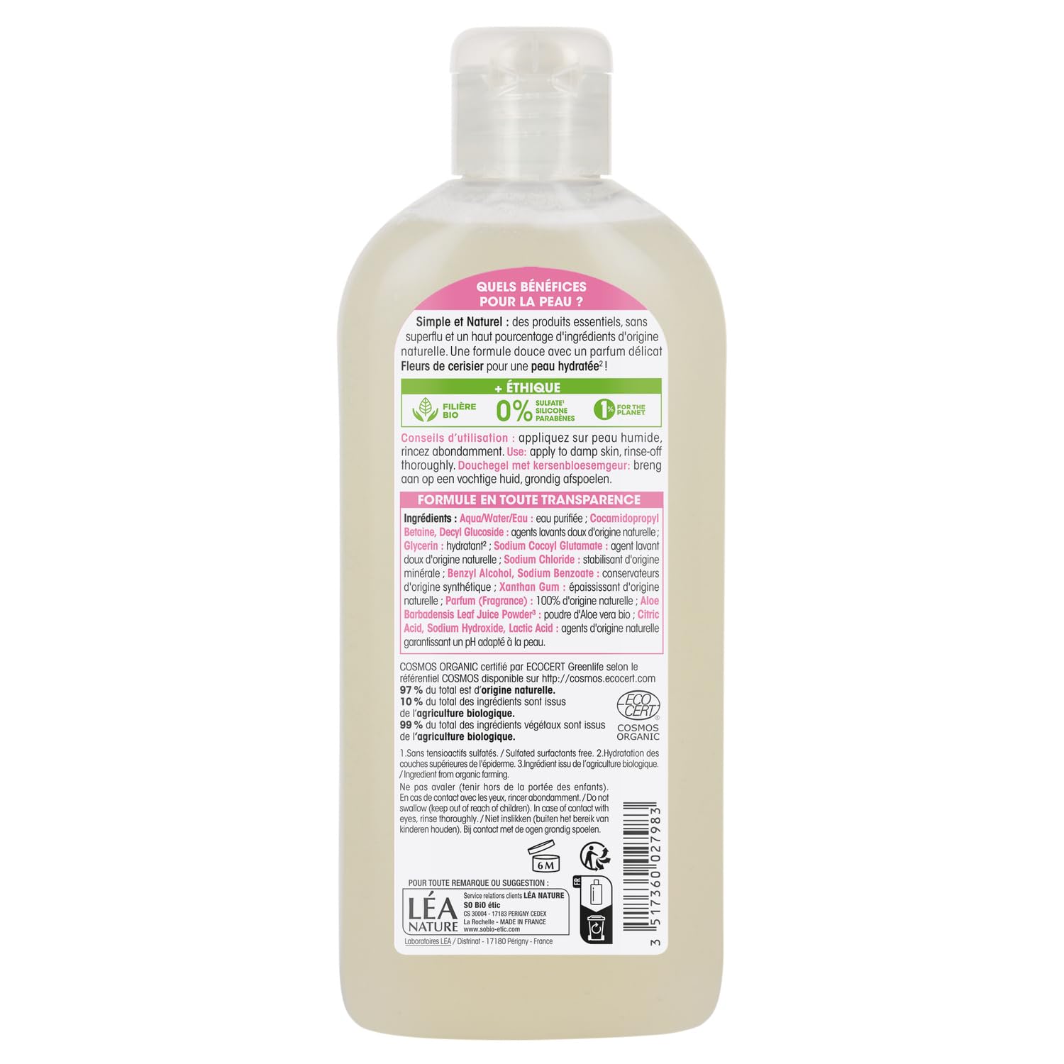 SO'BIO ÉTIC Gel Douche Parfum Fleurs de Cerisier - Format 300 mL - Certifié Bio - 97% d'Ingrédients d'Origine Naturelle - Fabriqué en France - Lot de 3