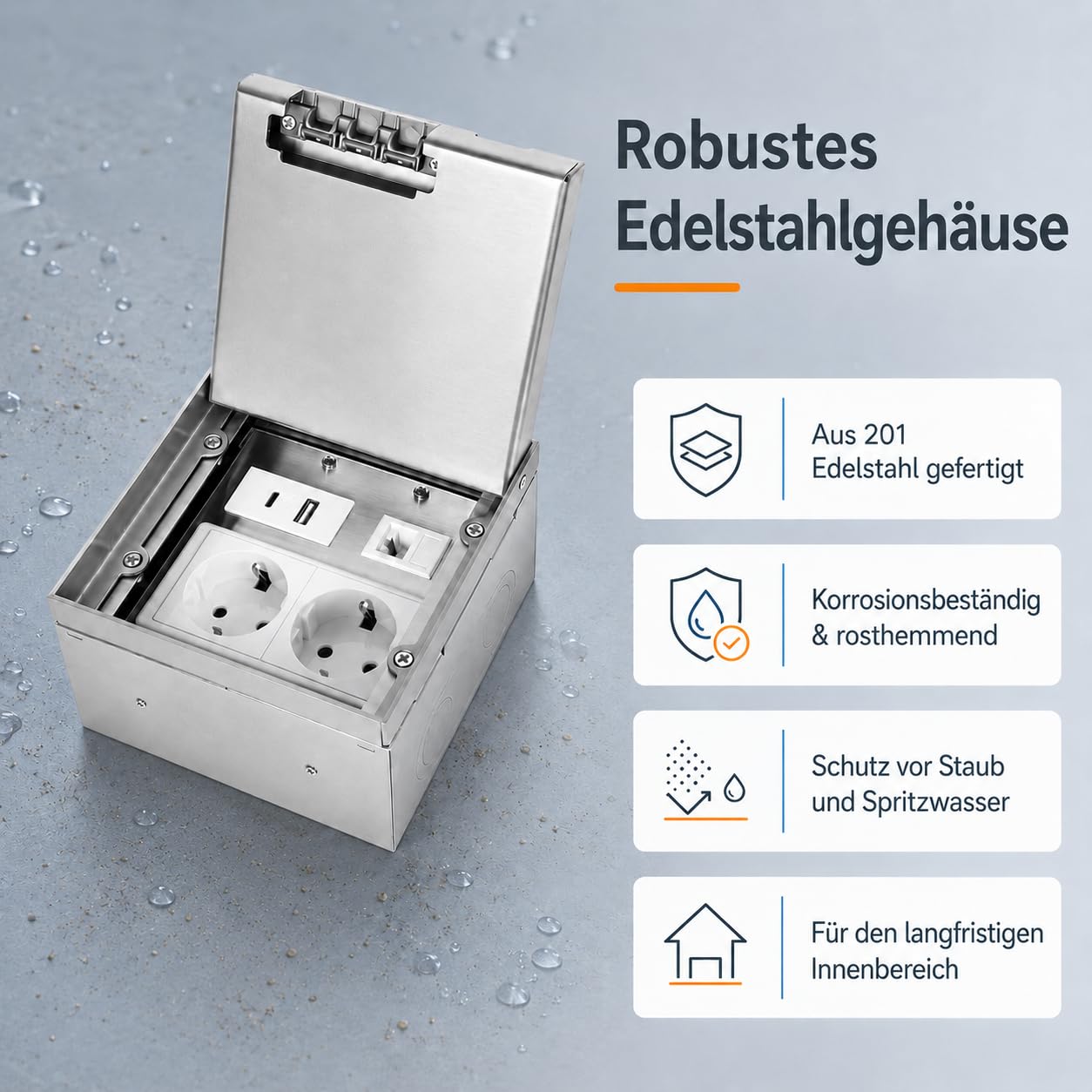 Bodentank Bodensteckdose, Edelstahl-Einbausteckdose, Klappdeckel