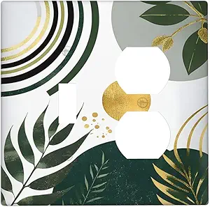 Decorative Outlet Covers Boho Green Leaves Bohemian Gold Sun 2 Gang Wall Plate Cover Single Toggle Duplex Combo Two Switch Light Switch Cover Plate Jumbo Faceplate
