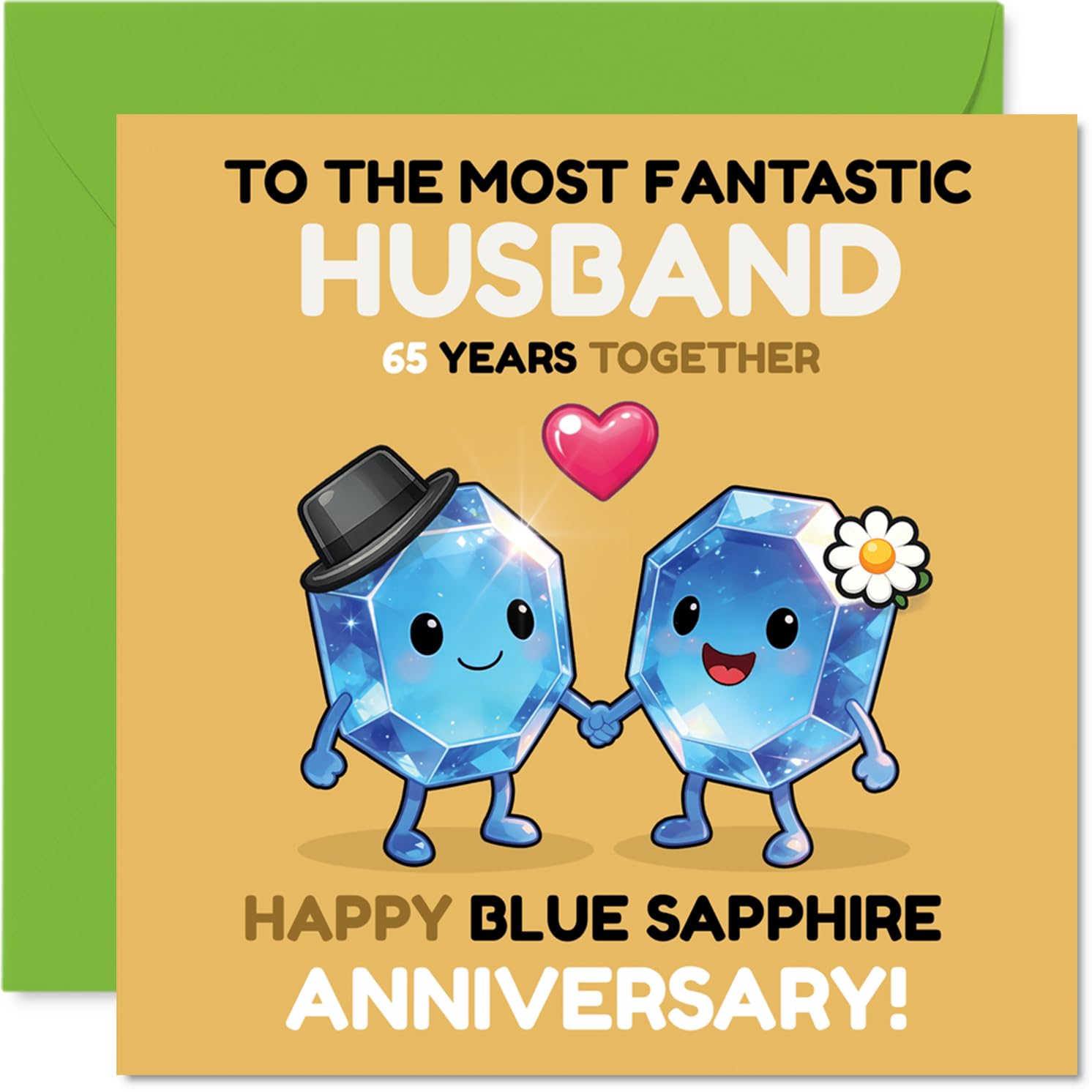 Sweet 65th Anniversary Card for Husband - Two Sparkling Gemstone Characters Bring a Smile - Cheerful Blue Sapphire Anniversary Design - 145mm Square, Envelope Included