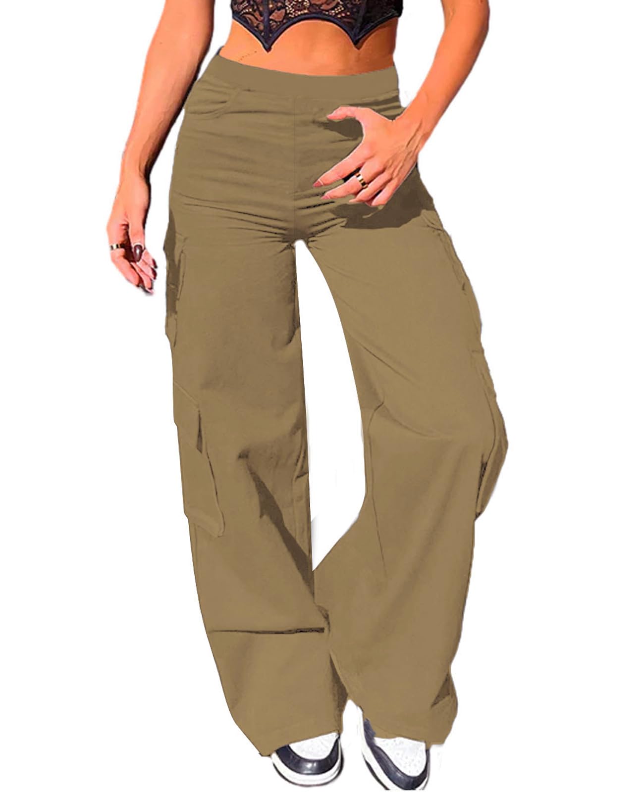 Pantalon Patte D'Éléphant Cargo Femme Taille Haute Stretch - Flare Multi Poches Y2K Streetwear Casual Noir