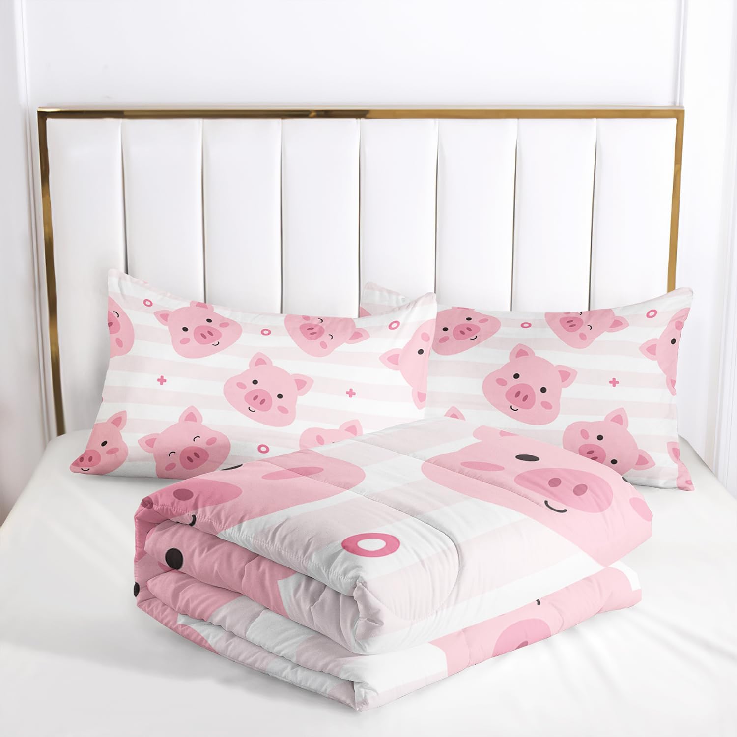 AILONEN Kids Cute Pig Comforter Set Full Size,Cartoon Pig Bedding Set All Season,Kawaii Animal Themed Pink White Stripes Print Soft Comforter with 2 Pillowcases