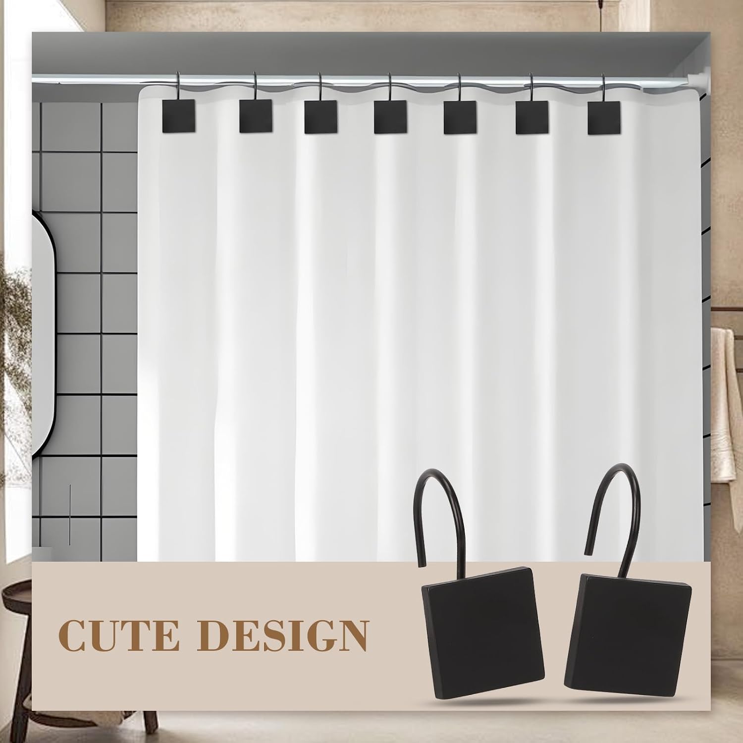 Shower Curtain Hooks, Set of 12 - Matte Black Square Resin Rings, Decorative Bathroom Hardware Hooks