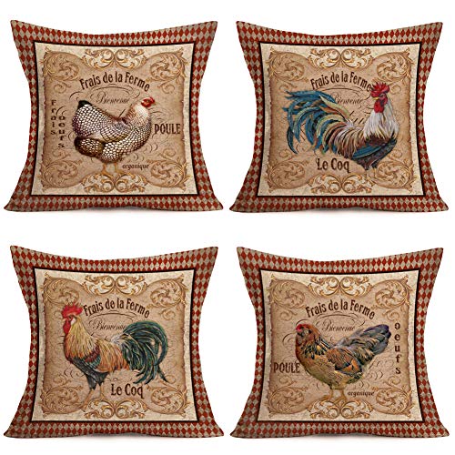 Fukeen Vintage Farm Rooster Hen Throw Pillow Covers French Lecoq And Poule Quotes Design Set Of 4 Cotton Linen Cushion Cases Organic Chicken Rural Farmhouse Couch Decor Pillowcase 18” X 18” #TOP11