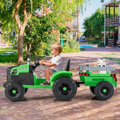 Image of Costzon 24V Ride on Tractor with Detachable Trailer, Kids' Electric Vehicles with 3 Speeds, 15 Climbing, Wireless Design, Horn & Music, Remote Control Tractor Toy for Kids 3+,Gift (24V, Green)