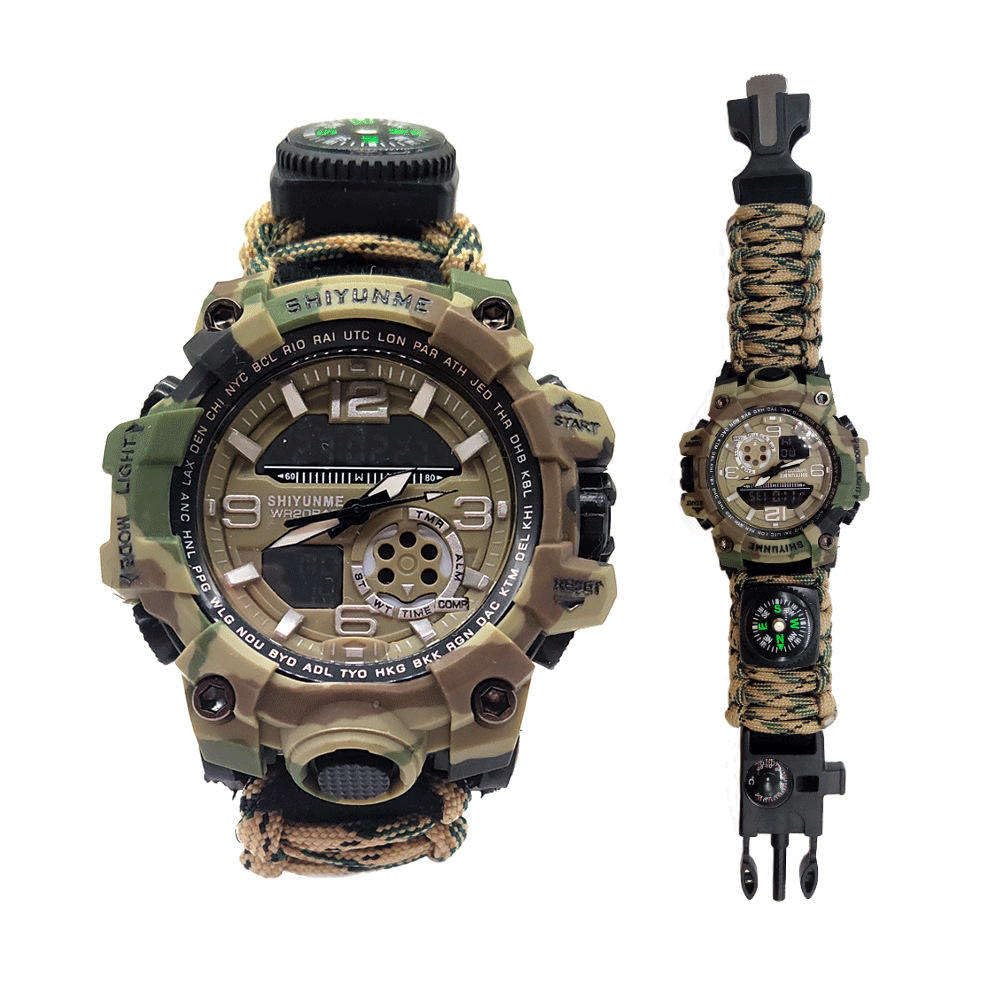 Bracelet tactique multifonction 7 en 1 - Montre de survie avec boussole, thermomètre, sifflet et corde de parachute de 113 kg - Pour camping, randonnée et escalade