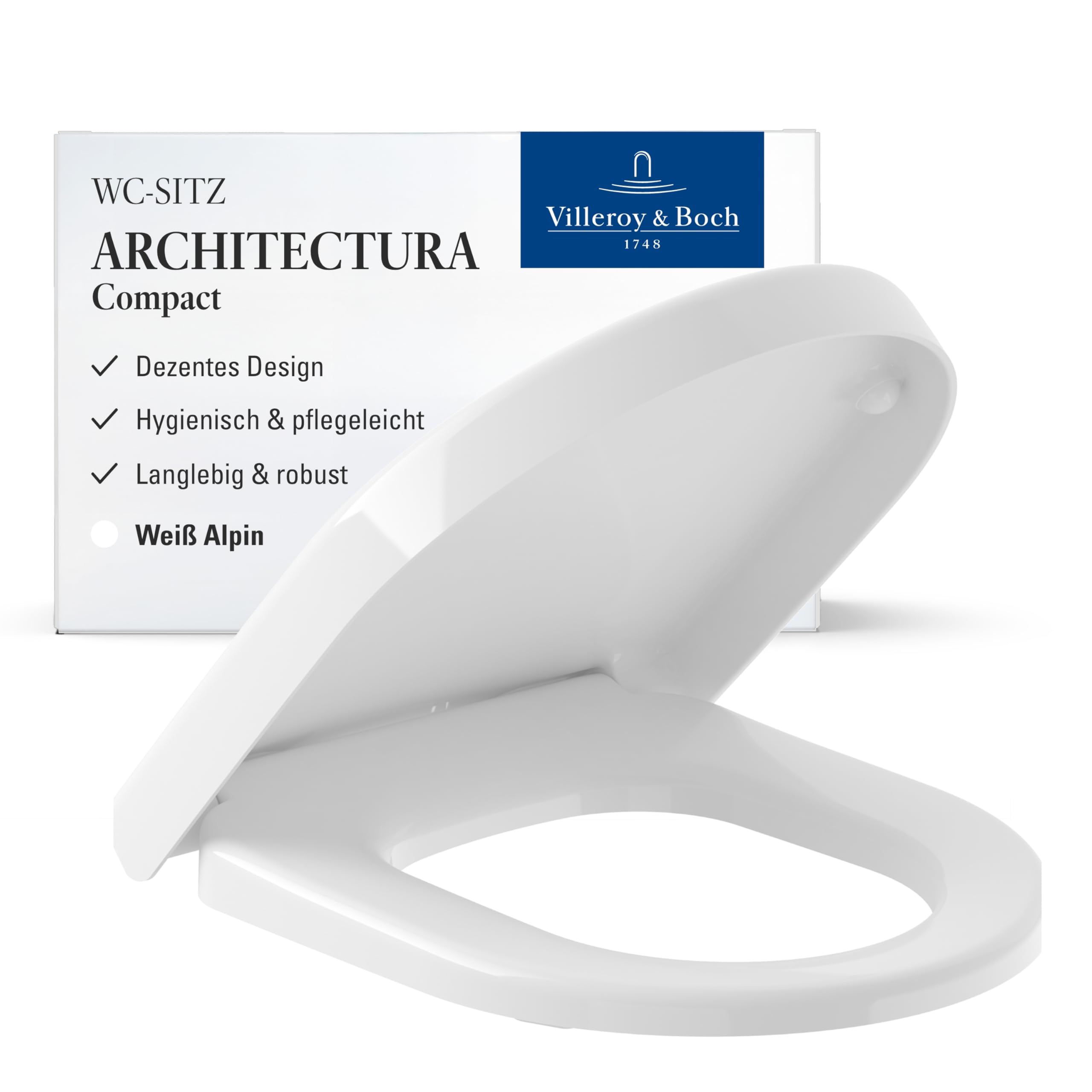 Villeroy & Boch Architectura Compact WC-Sitz, D-Form – Weiß Alpin, glänzend | Mit Edelstahl-Scharnieren, aus bruchsicherem Duroplast, Original Ersatzteil, 9M66E101