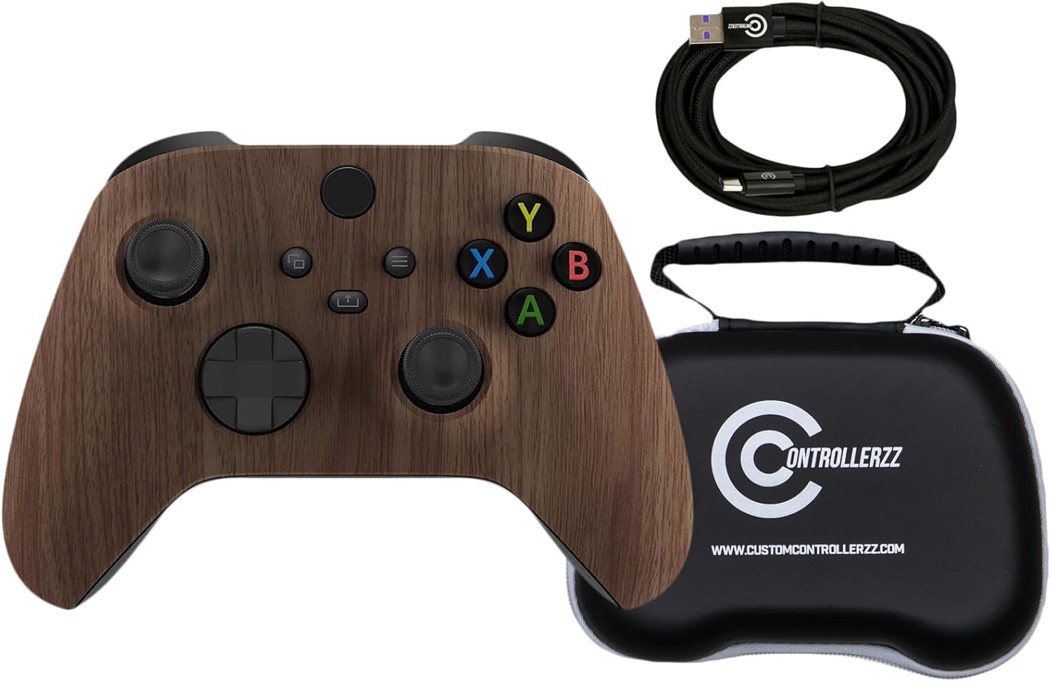 Custom Controllerzz Wood Controller Bundle – Includes Wood Custom Wireless Controller for Xbox Series X/S, Xbox One, PC & Braided USB-C Cable & Universal Protective Case