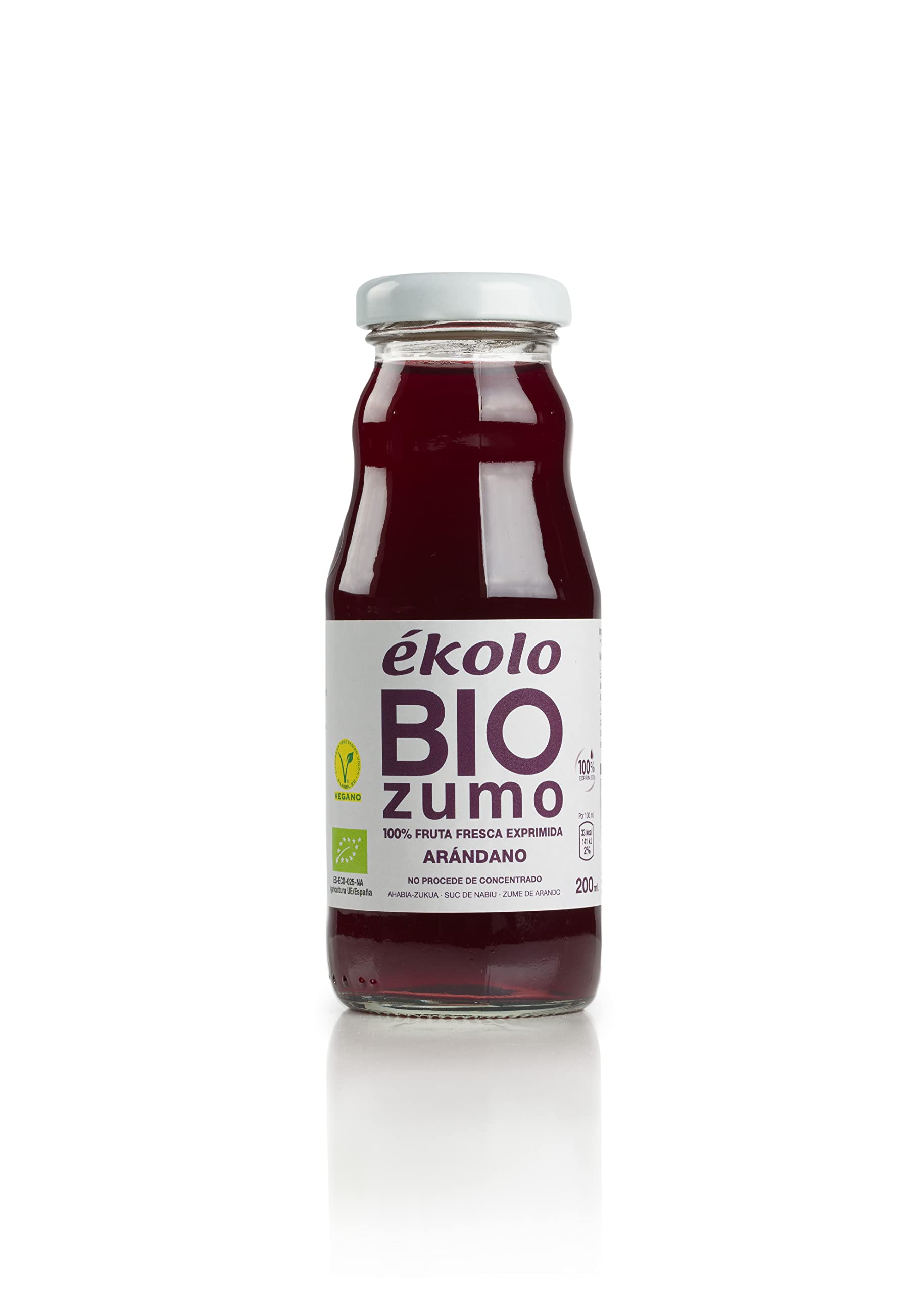 Zumo de Arnándanos, Ecológico 100% Exprimido, 12 Botellas x 200 ml., 2.400 ml