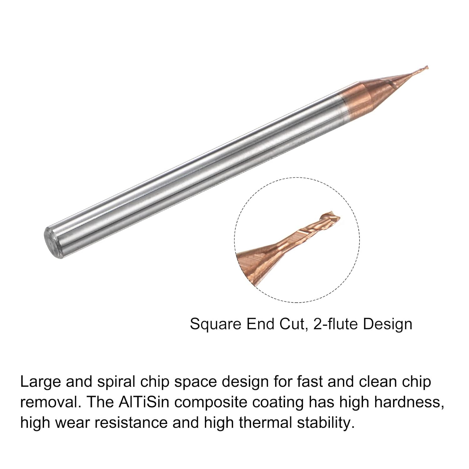 uxcell Square Nose End Mill, 0.5mm Solid Carbide AlTiSin Coated Long Reach CNC Router Bits 2 Flutes Milling Cutter with Extended Neck, 2mm Cutting Length 4mm Shank