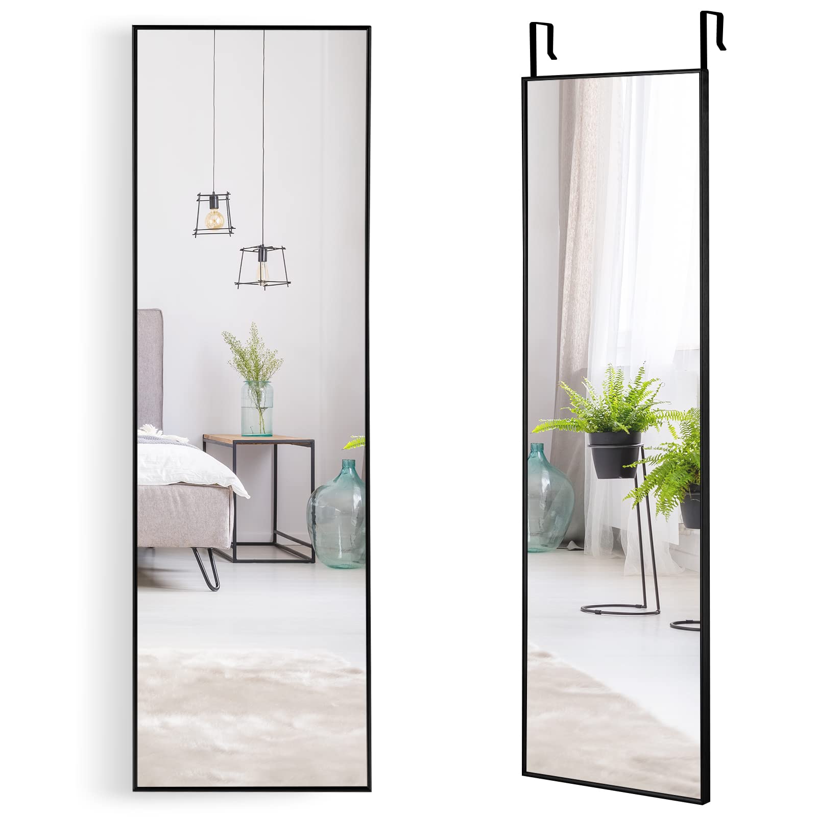 COSTWAY Miroir 120 x 37 cm Au-Dessus de la Porte, Miroir Pleine Longueur Cadre en Alliage d'Aluminium et Verre Incassable, Crochets pour Vestiaire Chambre Salon (Noir)